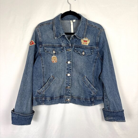 Debra deRoo Embellished Denim‎ Jacket Women’s Large Patch Detail Crown Crest VTG - Picture 2 of 16